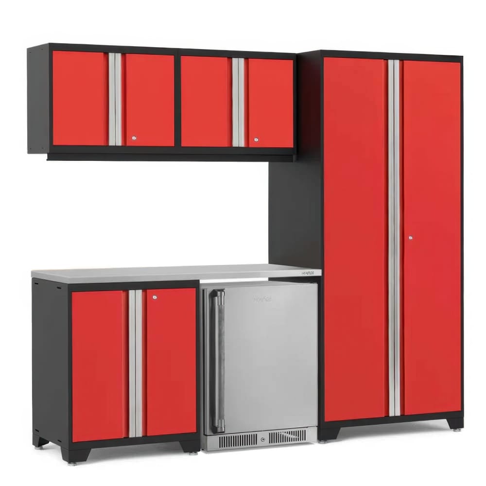 Red And Black Garage Cabinet Ensemble With Tall Locker Overhead Wall Cabinets Solid Worktop And Built In Stainless Beverage Fridge