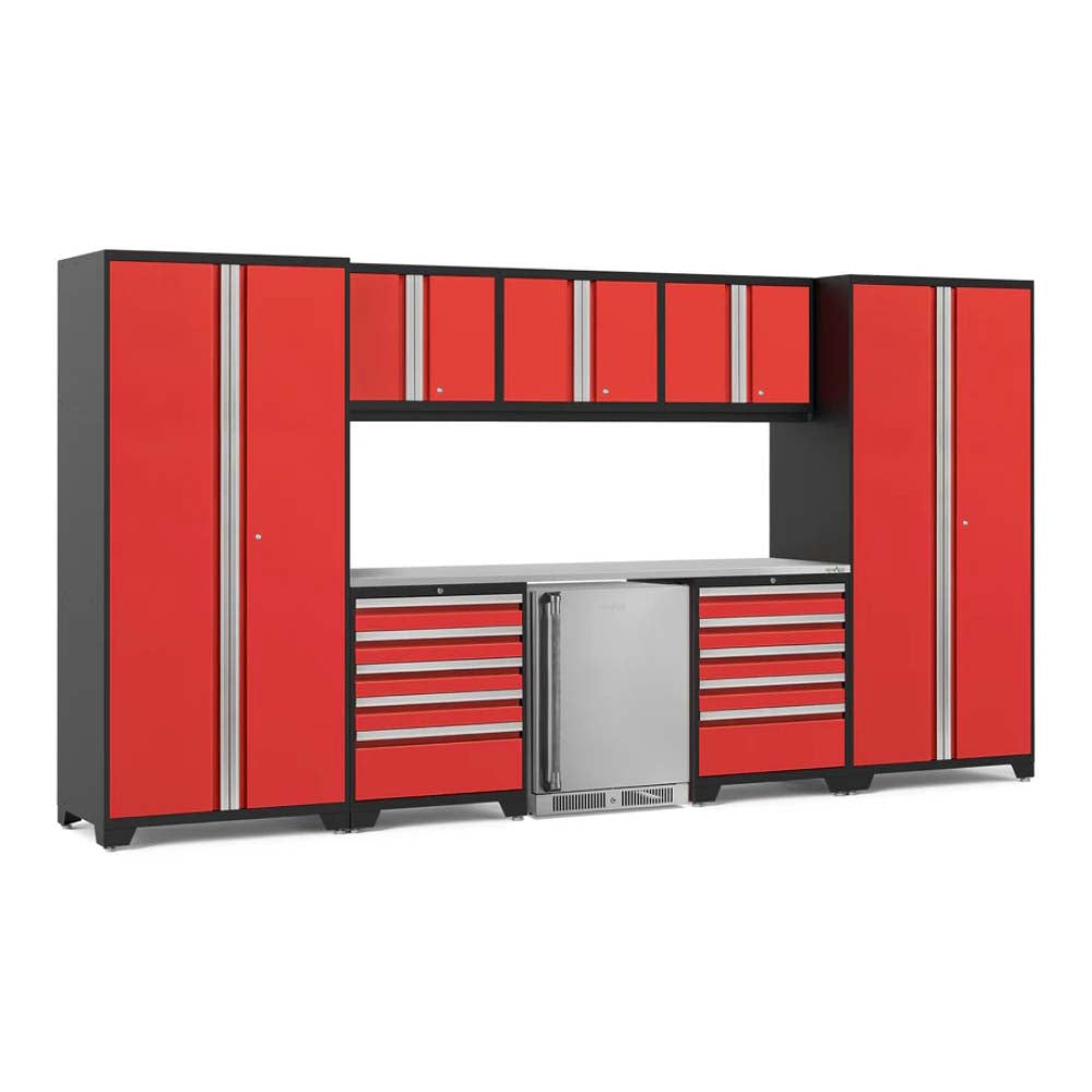 Red And Black Garage Cabinet System Includes Tall Lockers Upper Storage Units Multiple Drawers And A Built-In Stainless Steel Beverage Fridge