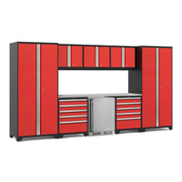 Red And Black Garage Cabinet System Includes Tall Lockers Upper Storage Units Multiple Drawers And A Built-In Stainless Steel Beverage Fridge