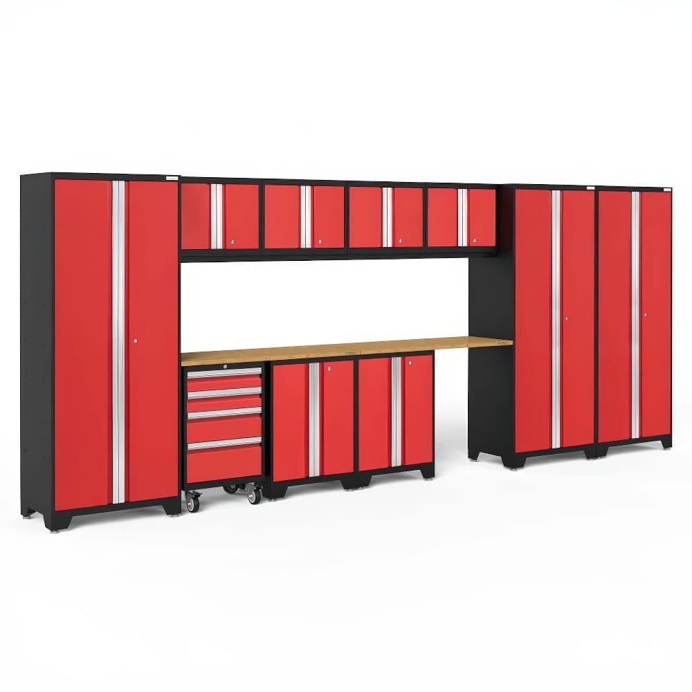 Red And Black Garage Cabinet System With A Wood Worktop Tall Lockers Wall-Mounted Cabinets And Drawer Units