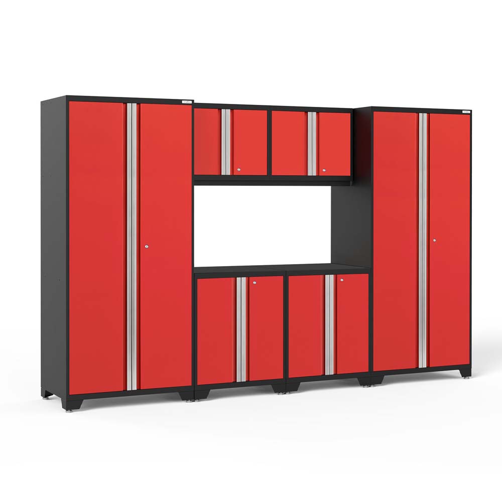 Red And Black Garage Cabinet System With Tall Storage Towers Overhead Cupboards And A Center Workspace Opening