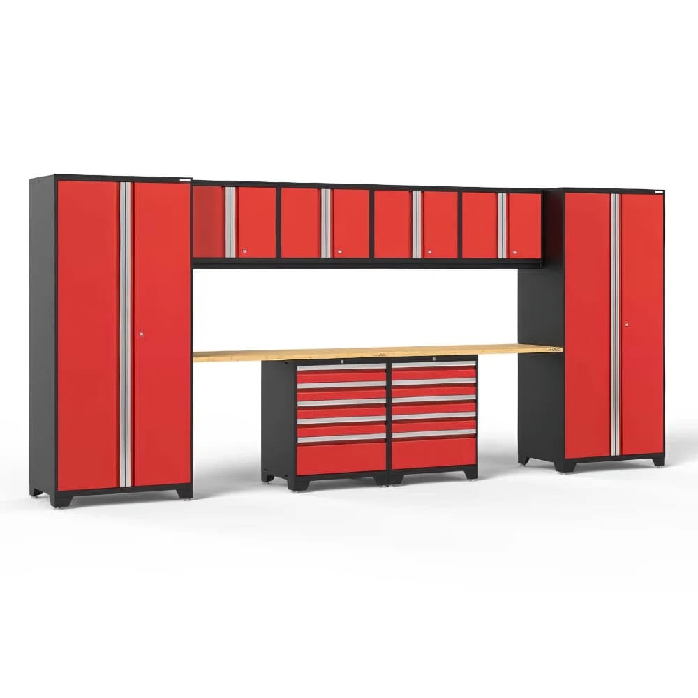 Red And Black Garage Cabinet System With Two Tall Lockers Upper Cabinets Wood Worktop And Twin Drawer Rolling Chests