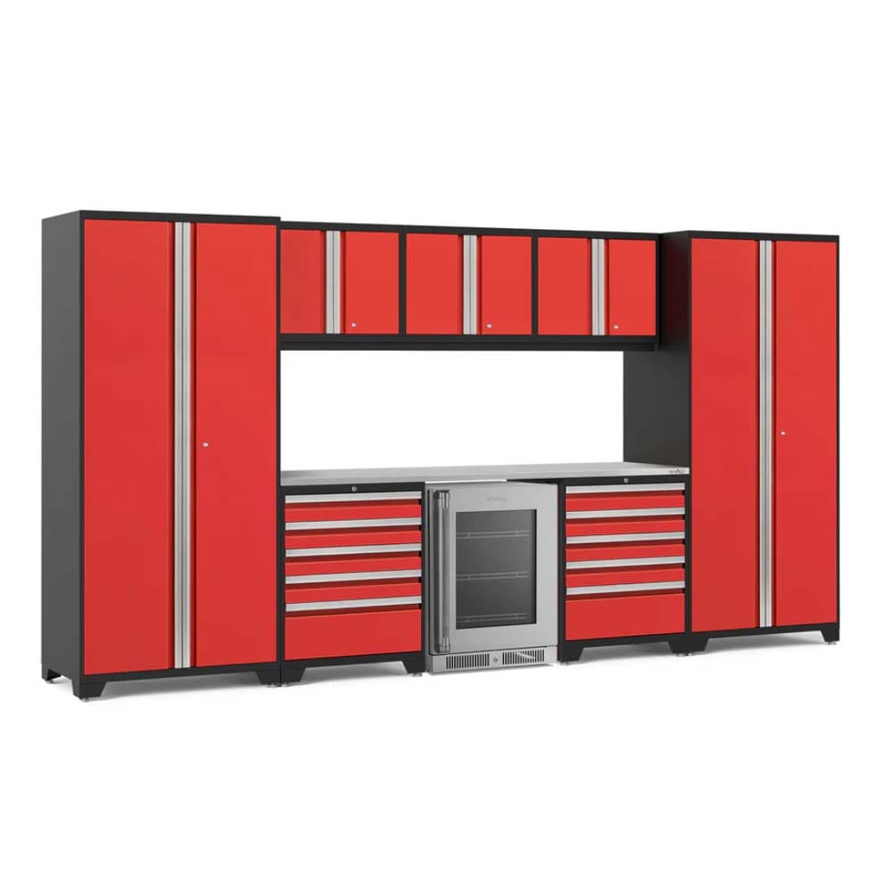Red And Black Garage Storage System With Silver Handles Overhead Cabinets Wide Drawer Units And A Stainless Steel Work Surface