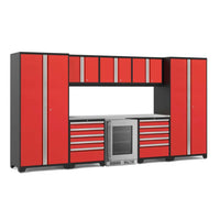 Red And Black Garage Storage System With Silver Handles Overhead Cabinets Wide Drawer Units And A Stainless Steel Work Surface