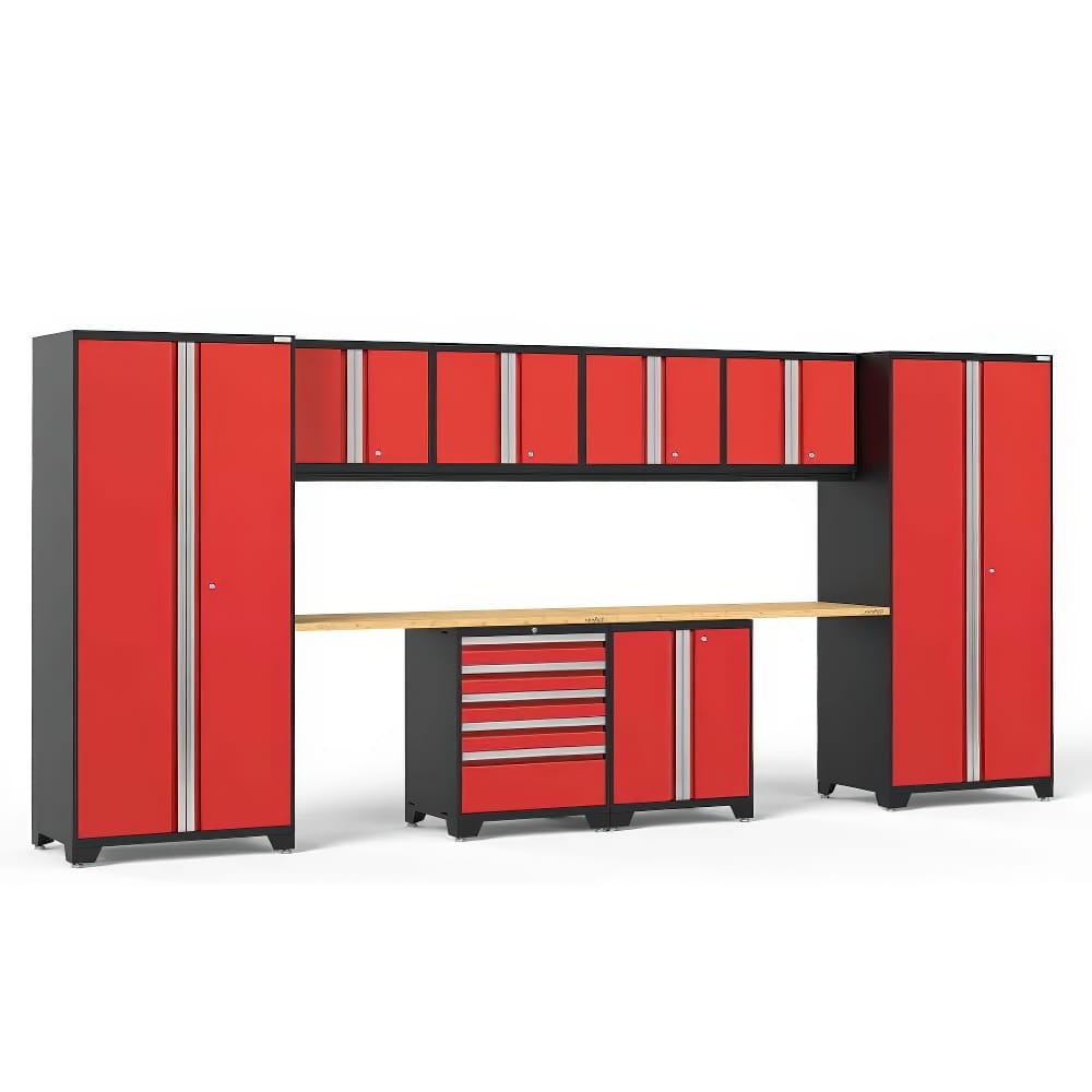 Red And Black Garage Storage System With Tall Lockers Upper Cabinets A Wooden Worktop And A Tool Chest With Multiple Drawers