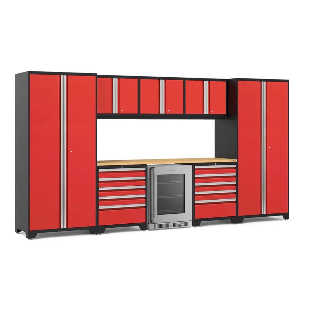 Red And Black Garage Storage System With Upper Cabinets Multiple Drawer Units A Wooden Worktop