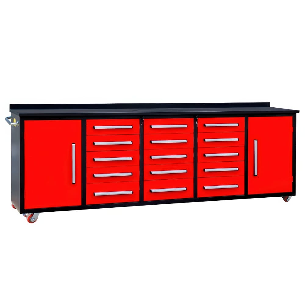 Red And Black Mobile Tool Storage Workbench With Multiple Drawers Dual Side Cabinets And Casters