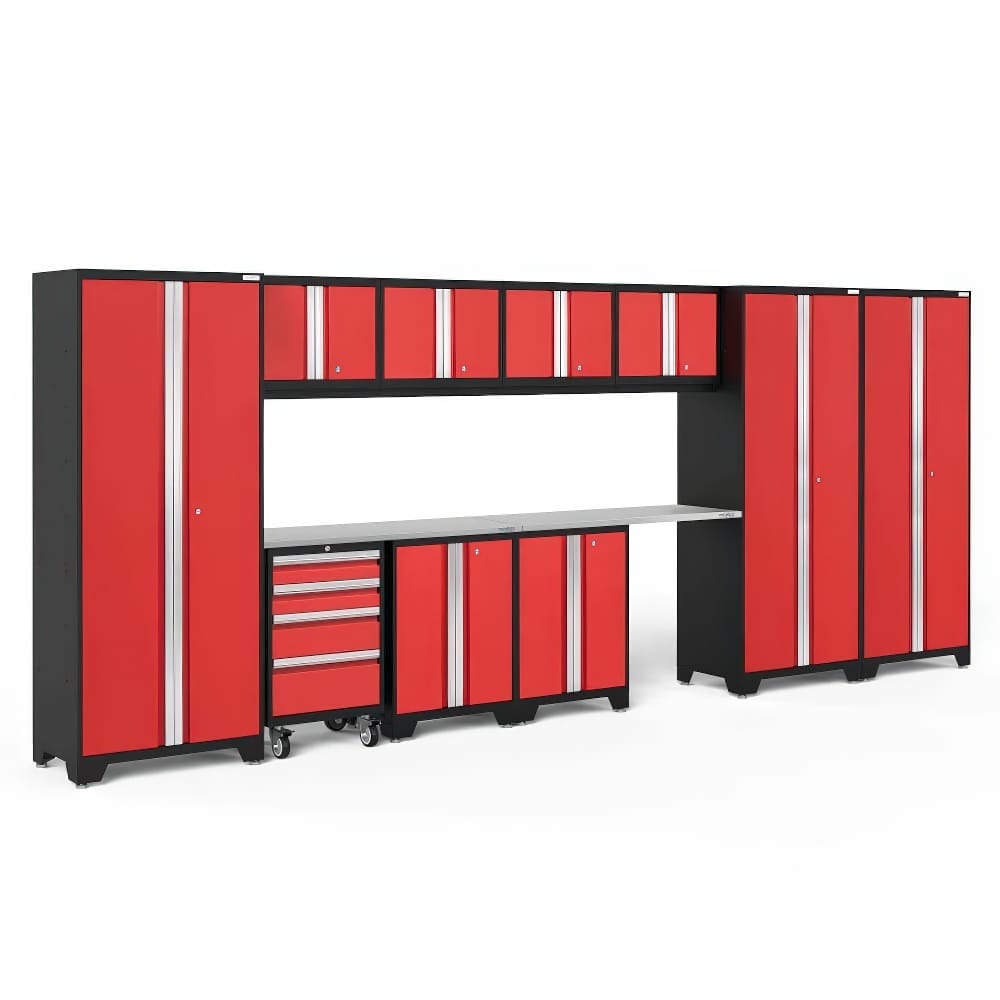 Red And Black Modular Garage Cabinet Set Featuring Multiple Upper And Lower Storage Units, A Silver Worktop, And Rolling Drawers