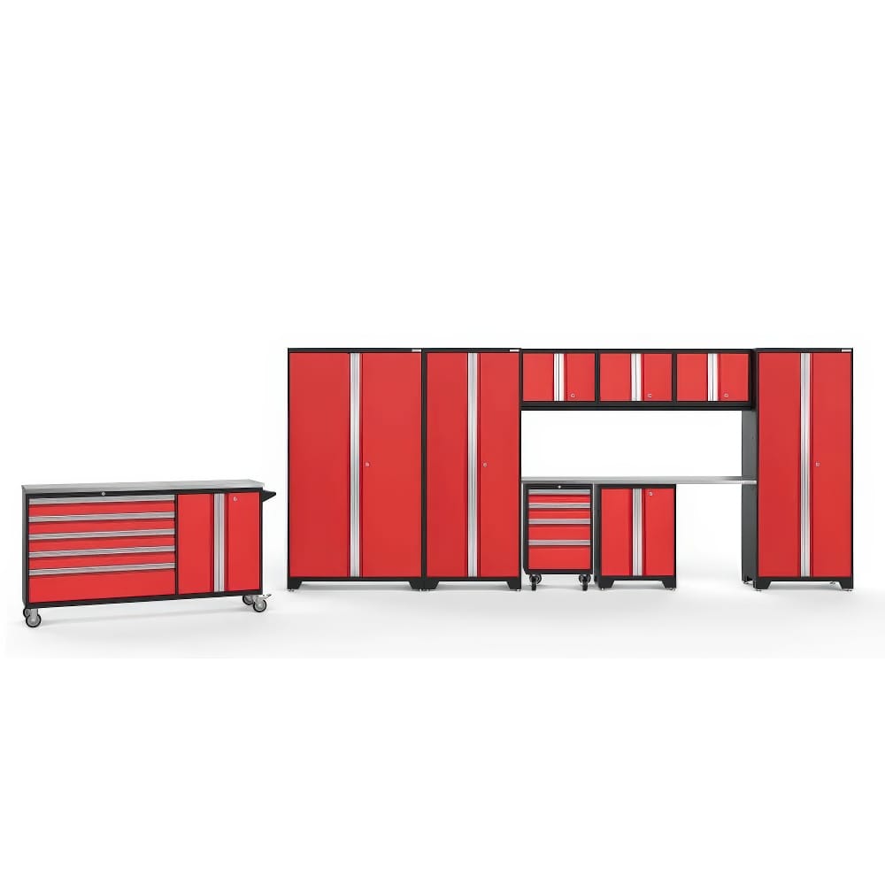 Red And Black Modular Garage Cabinet Set With Tall Lockers Wall Cabinets A Workstation A Rolling Tool Chest And A Mobile Drawer Cabinet On Casters