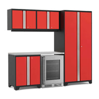 Red And Black Modular Garage Cabinet Set With Tall Pantry Base Units And Built In Beverage Fridge