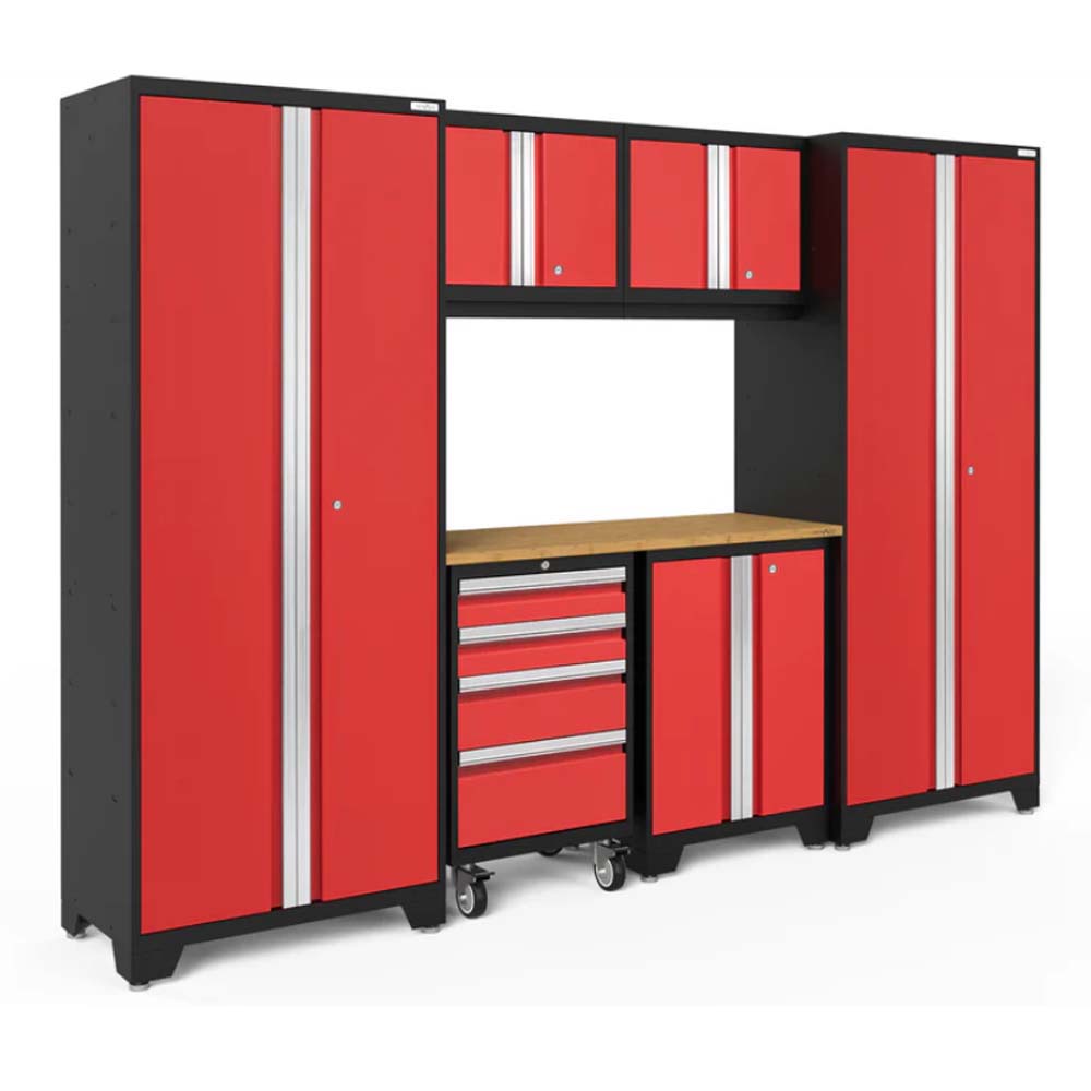 Red And Black Modular Garage Cabinet Set With Tall Storage Units Overhead Compartments A Wooden Worktop And A Wheeled Tool Chest