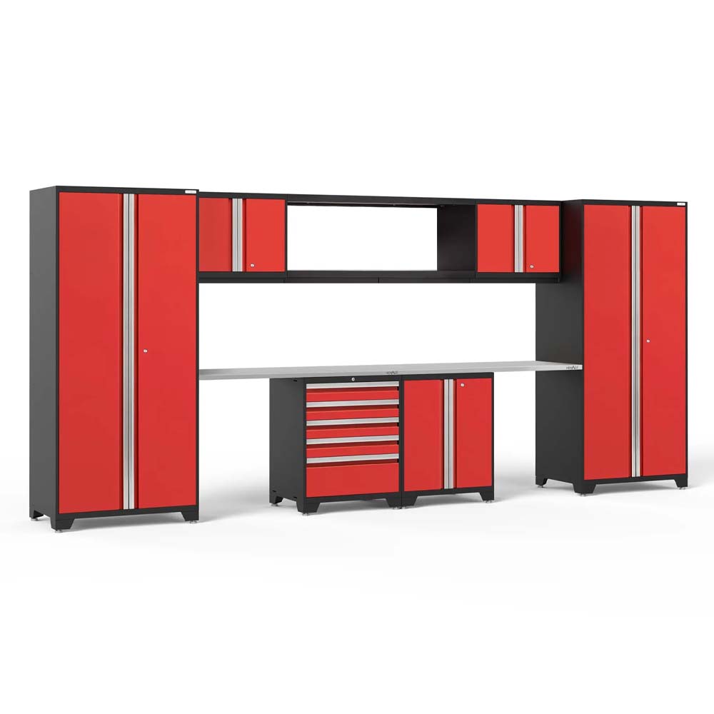 Red And Black Modular Garage Cabinet System With Metal Worktop And Central Tool Drawer Unit