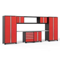 Red And Black Modular Garage Cabinet System With Metal Worktop And Central Tool Drawer Unit