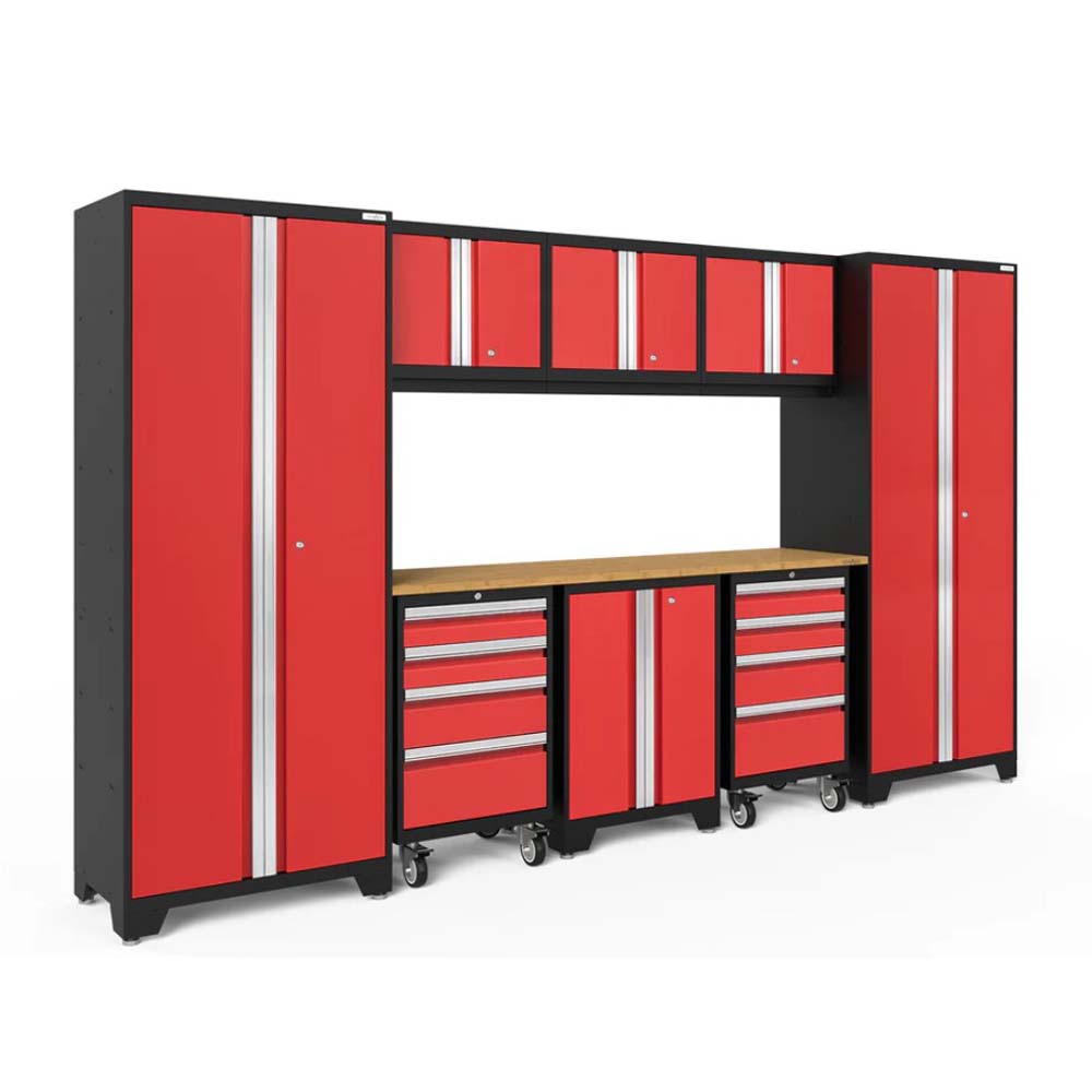 Red And Black Modular Garage Cabinet System With Tall Lockers Wall-Mounted Upper Cabinets Drawer Units On Caster Wheels And A Natural Wood Worktop Surface