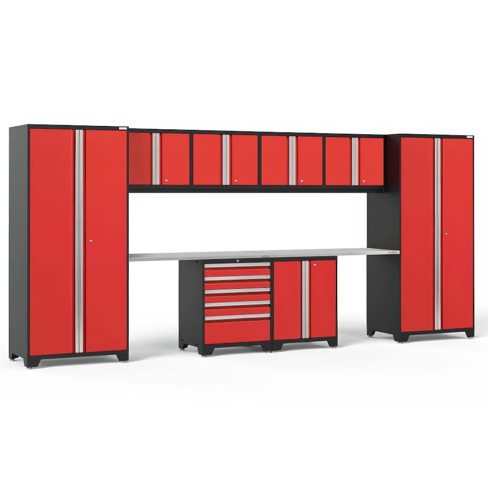 Red And Black Modular Garage Cabinet System With Tall Storage Units Wall-Mounted Uppers And A Central Tool Chest