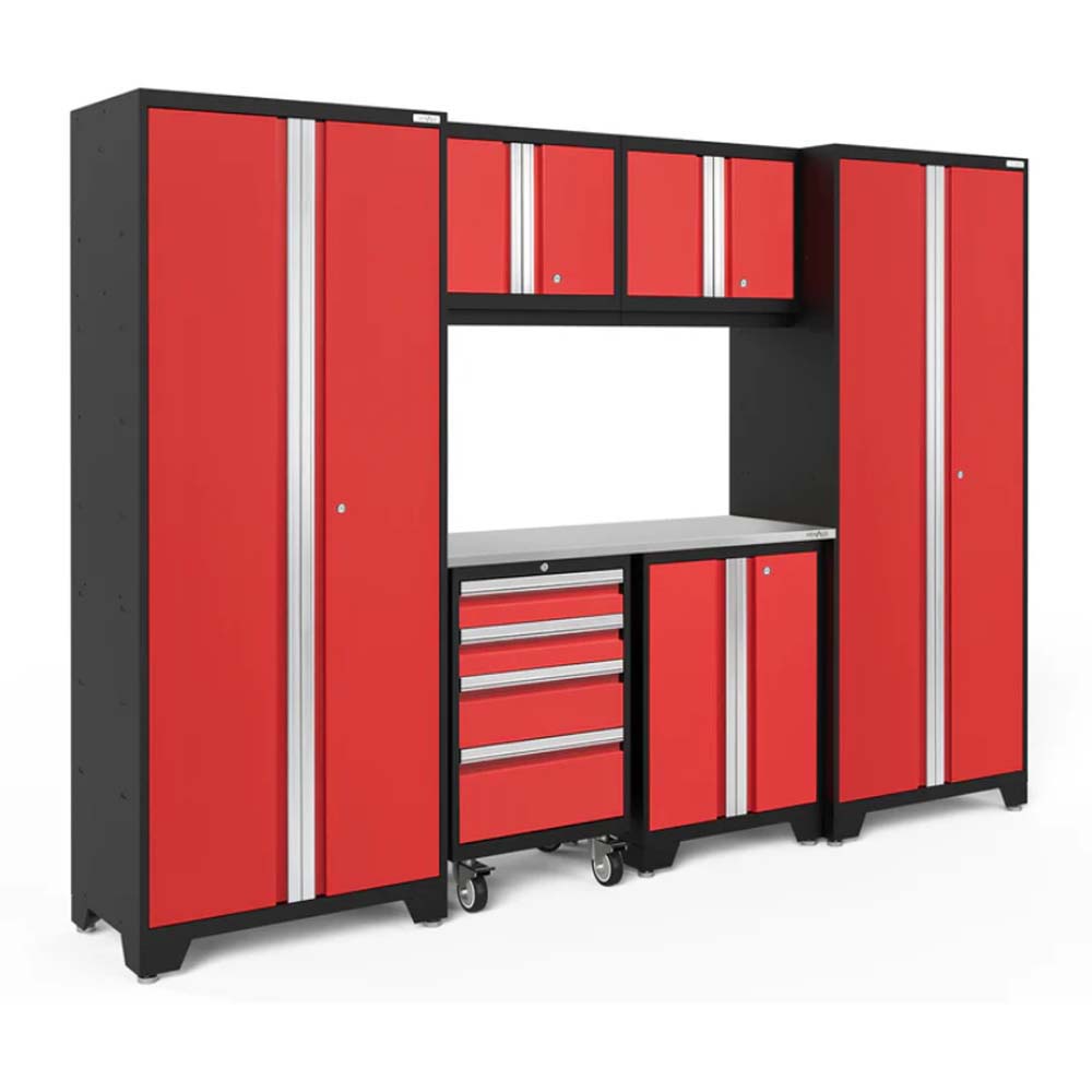 Red And Black Modular Garage Storage Set Featuring Tall Cabinets Overhead Units A Stainless Steel Worktop A Rolling Drawer Chest And A Lower Cabinet