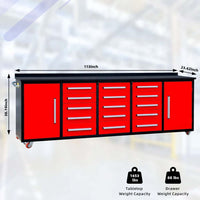 Red And Black Ten Foot Workbench With Fifteen Drawers Two Side Cabinets Casters And Dimension Capacity Labels