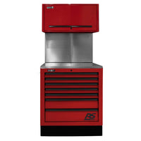 Red CTS Combo Homak 36 With Multiple Drawers And A Top Compartment, Featuring A Stainless Steel Work Surface In The Middle