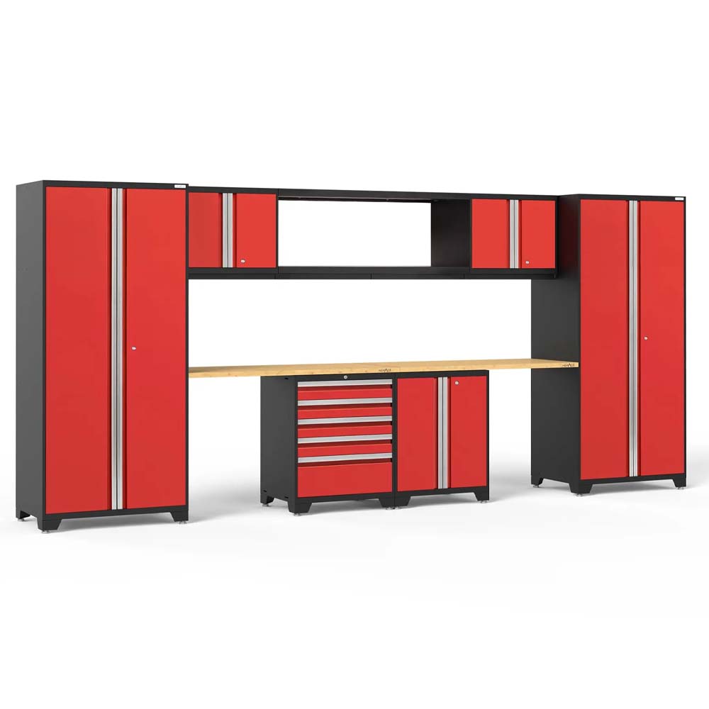 Red Cabinet Ensemble With Black Frames Wood Worktop And Central Tool Storage Modules