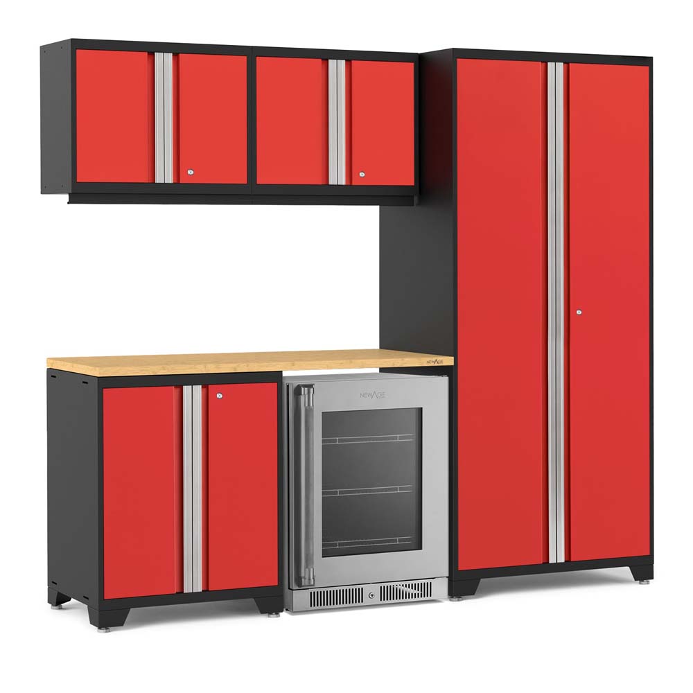 Red Door Garage Cabinet Configuration With Wood Worktop And Built In Glass Door Beverage Cooler