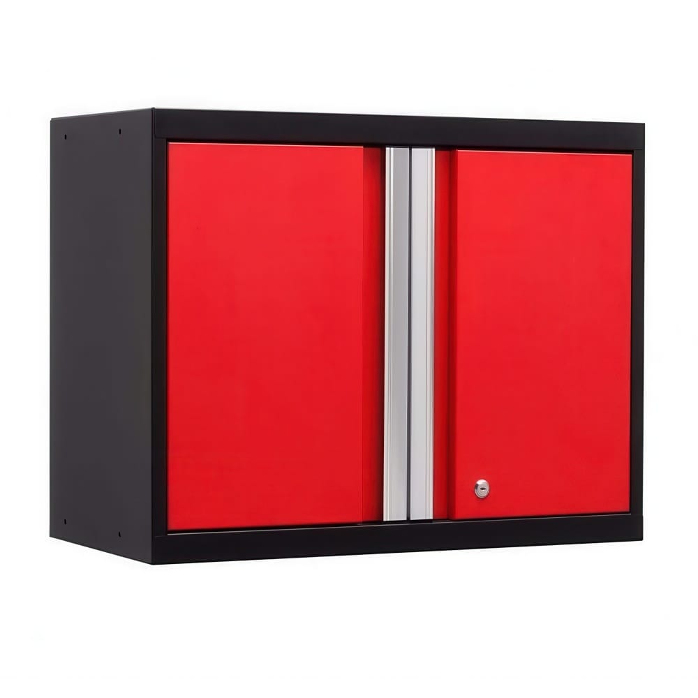 Red Double Door Wall Cabinet With Central Silver Handle Trim And Black Frame Shown Against A Plain White Background