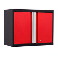 Red Double Door Wall Cabinet With Central Silver Handle Trim And Black Frame Shown Against A Plain White Background