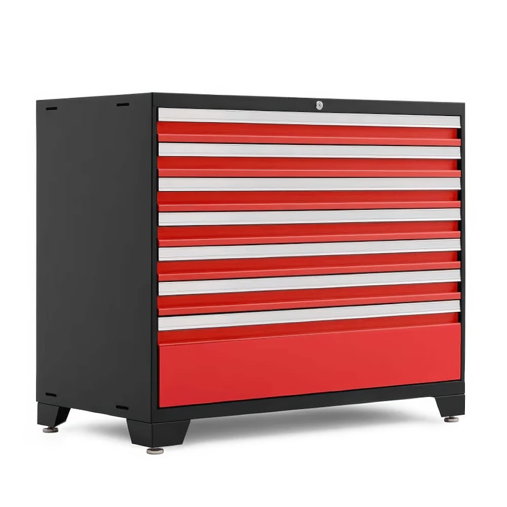 Red Drawer Front Tool Cabinet With Silver Pulls On Black Steel Frame