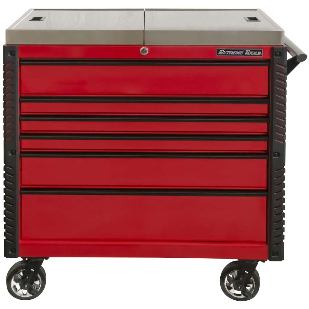 Red Extreme Tools 41 Inch Tool Cart With A Stainless Steel Top, Five Closed Drawers With Black Accents, A Side Handle And Mounted On Casters