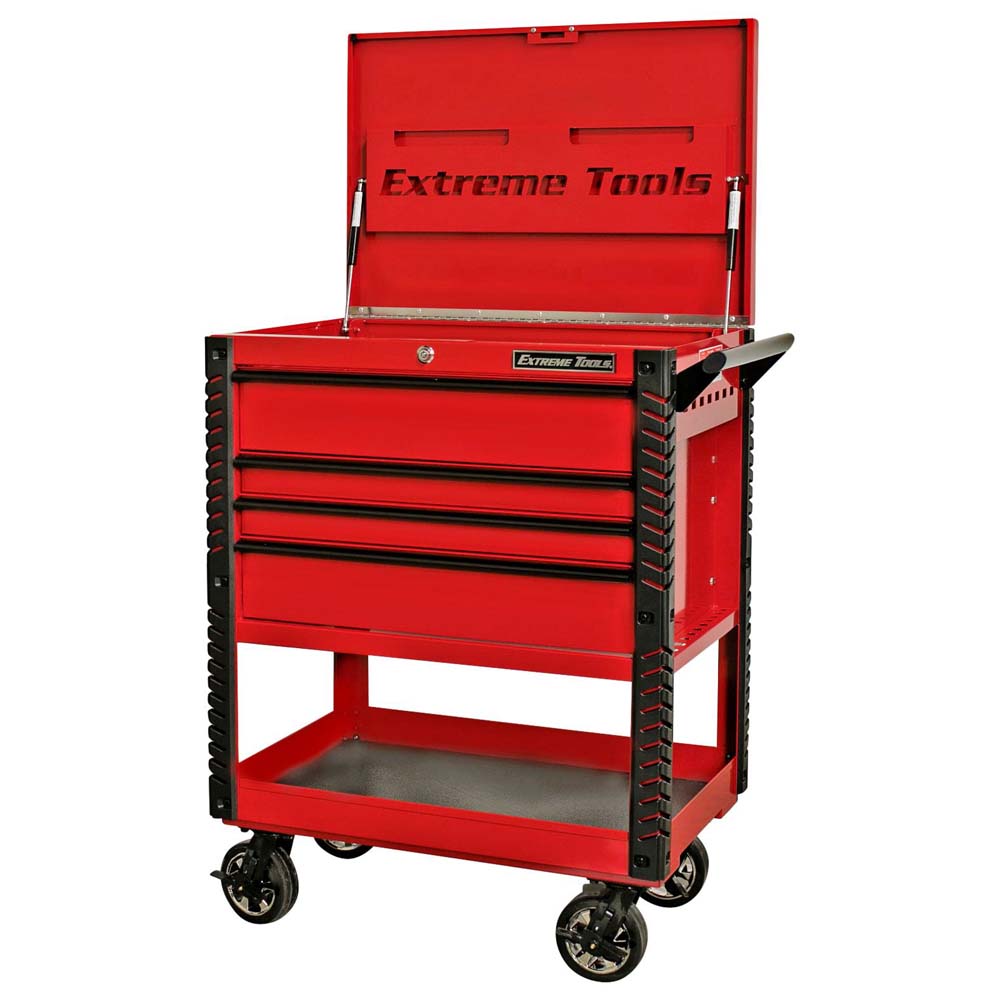 Red Extreme Tools EX Series 33 4 Drawer Tool Cart With An Open Lid Showing The Top Compartment