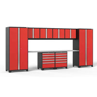 Red Front Modular Garage Wall With Tall Storage Lockers Overhead Boxes Long Work Surface And Dual Tool Drawer Carts