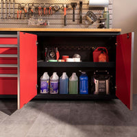 Red_Garage_Base_Cabinet_With_Open_Doors_Revealing_Chemicals_Tools_And_Supplies_Stored_Beneath_A_Wood_Worktop