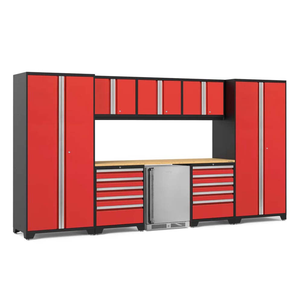 Red Garage Cabinet Ensemble Features Tall Lockers Top-Mounted Storage Units Drawer Bases And A Central Stainless Steel Beverage Cooler Topped With A Natural Wood Work Surface

