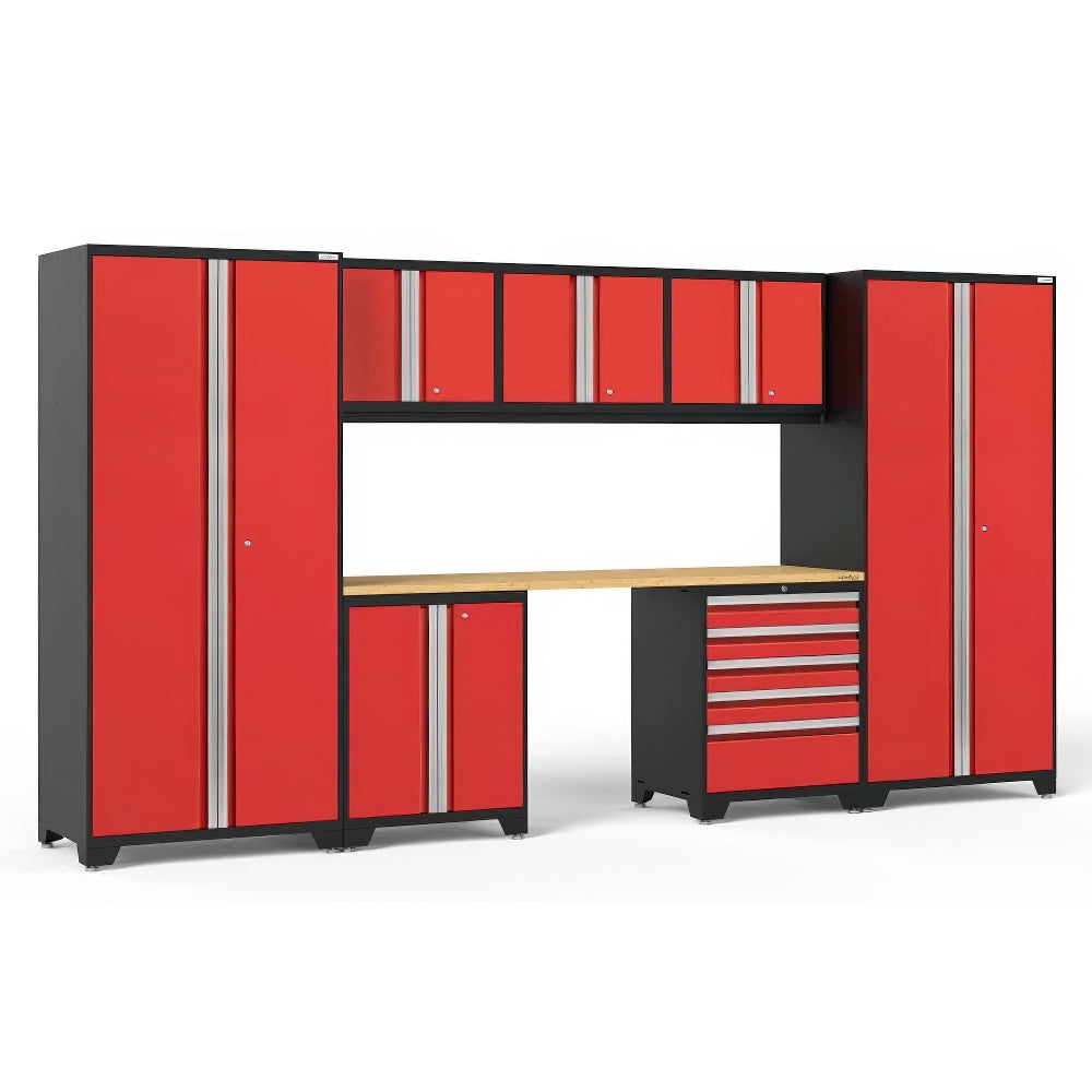 Red Garage Cabinet Set Includes Tall Lockers Upper And Lower Cabinets And A Butcher Block Work Surface