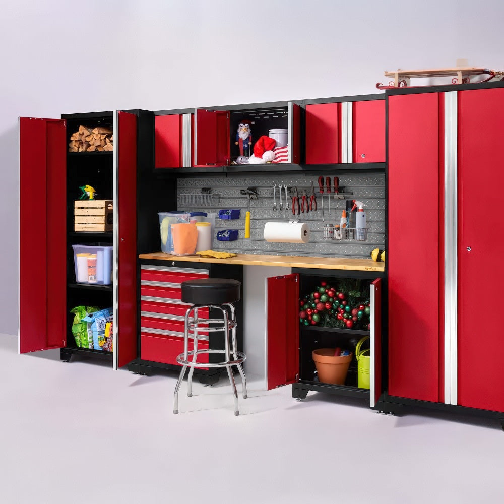 Red Garage Cabinet System With Open Storage Revealing Tools Holiday Decorations And Supplies Centered Around A Pegboard