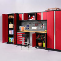 Red Garage Cabinet System With Open Storage Revealing Tools Holiday Decorations And Supplies Centered Around A Pegboard
