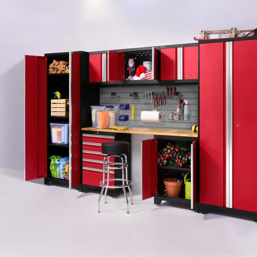 Red Garage Cabinet Workstation With Open Doors Reveals Pegboard Tools Wood Worktop Drawer Stack Stool And Seasonal Storage Bins