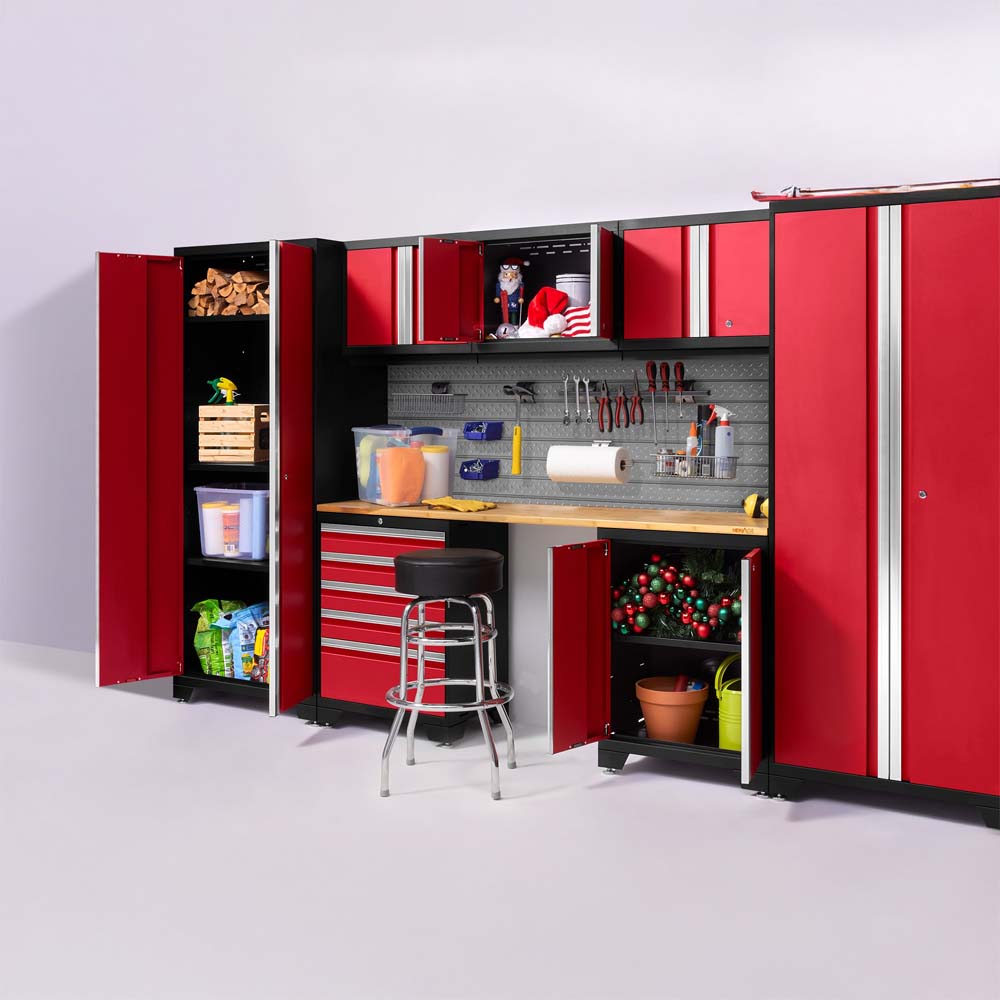 Red Garage Cabinet Workstation With Open Storage Filled With Tools Decor And Household Supplies