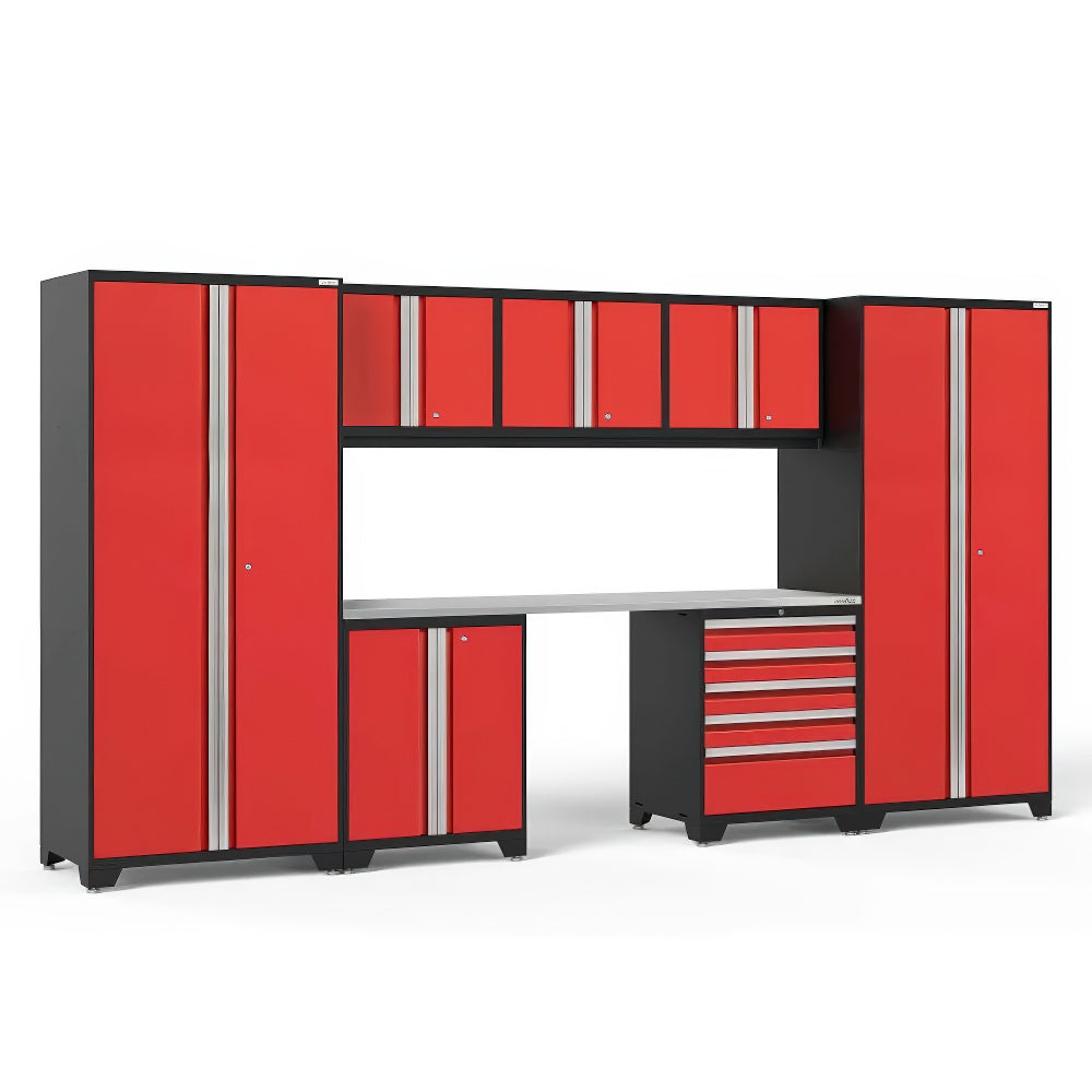 Red Garage Storage System Features Tall Cabinets Multiple Overhead Units And A Stainless Steel Worktop