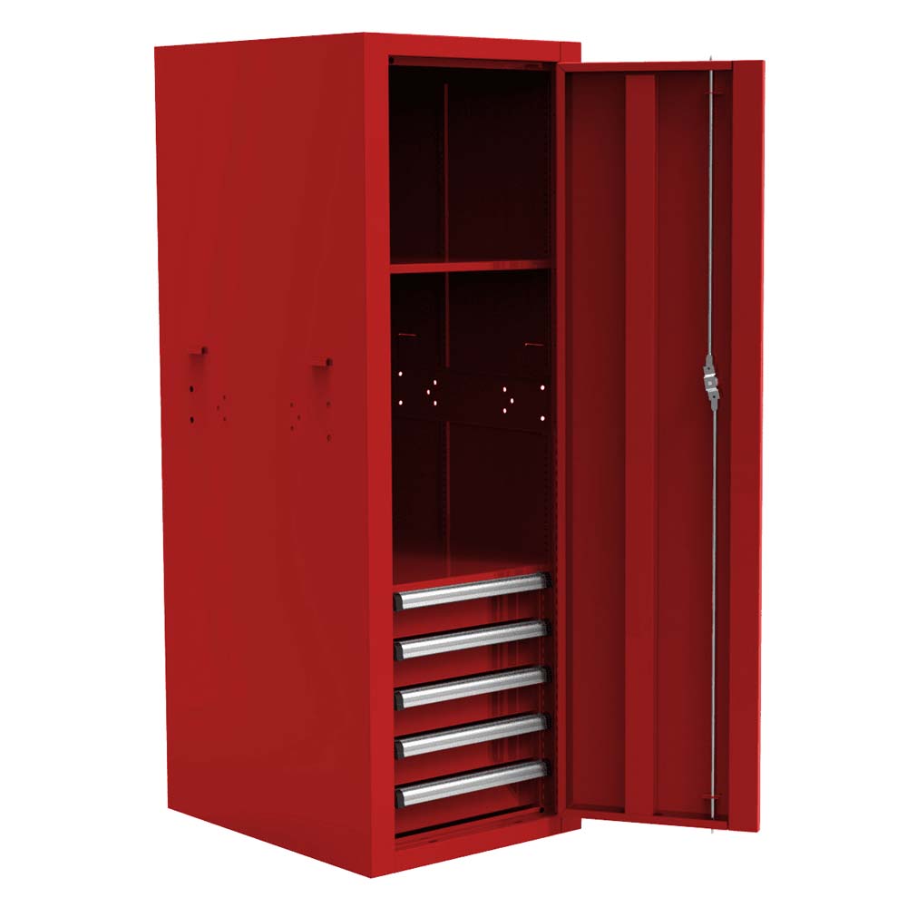 Red Homak 22 5-Drawer Side Locker With An Open Door, Revealing Multiple Shelves And Drawers Inside