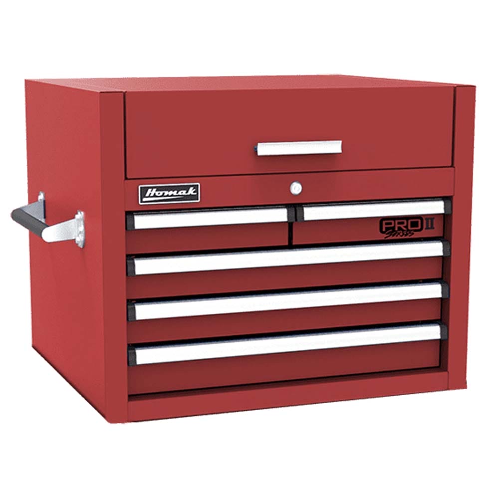 Red Homak 27 Top Chest With A Top Compartment, A Side Handle, And Five Drawers For Organizing Tools