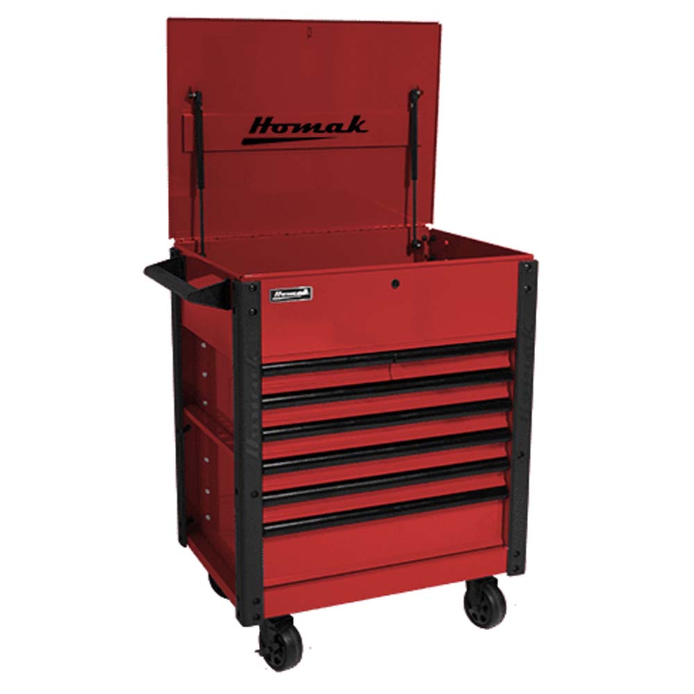 Red Homak 35 Pro Series 7 Drawer Slide Top Service Cart With Multiple Drawers And Wheels With Its Top Lid Open