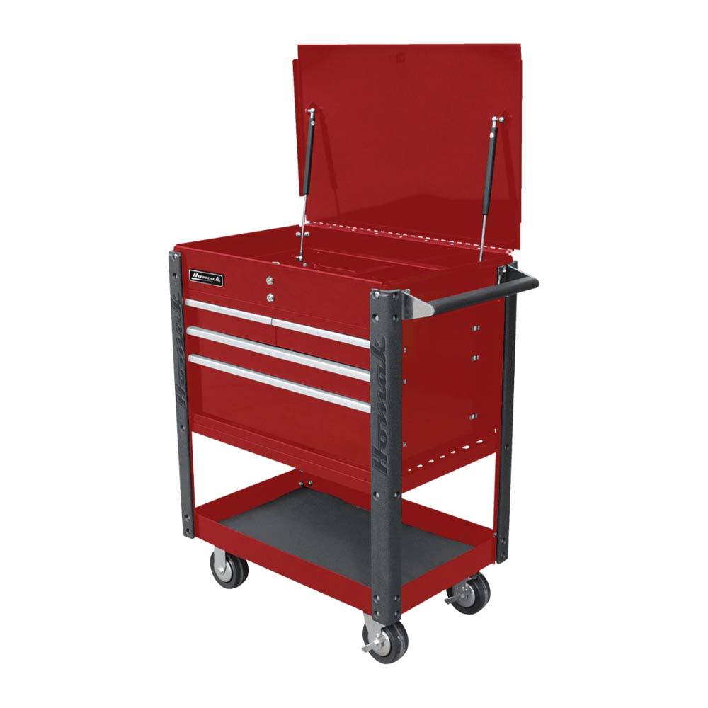 Red Homak 35 Professional Service Cart 4 Drawer With a Top Lid, Three Drawers, A Bottom Shelf, And Four Wheels