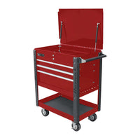 Red Homak 35 Professional Service Cart 4 Drawer With a Top Lid, Three Drawers, A Bottom Shelf, And Four Wheels