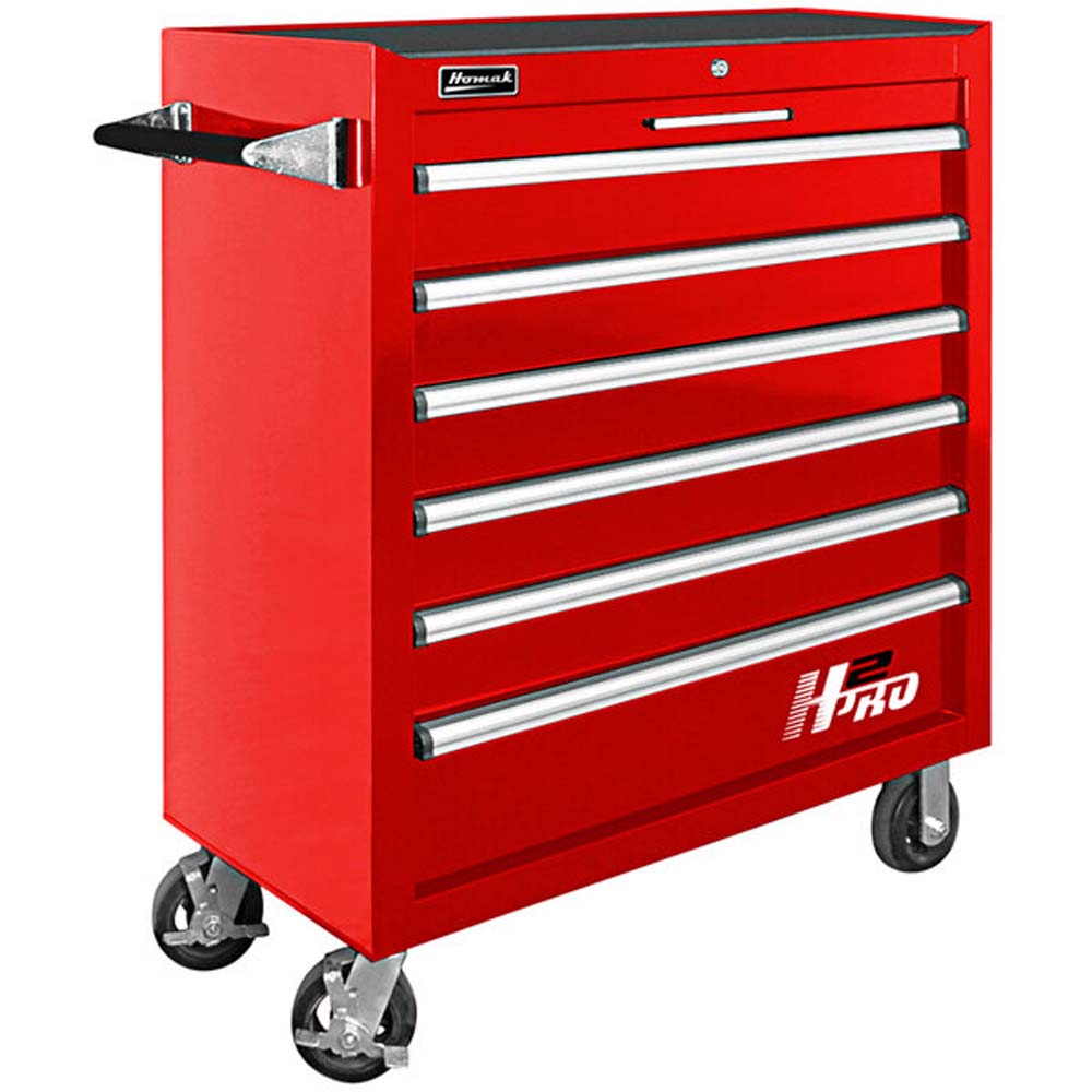 Red Homak 36 H2Pro Roller Cabinet With Drawers, A Small Work Surface On Top, And Caster Wheels