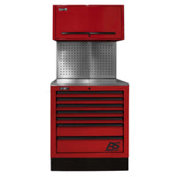Red Homak 36 Inch CTS Combo With Multiple Drawers And A Top Cabinet, Featuring A Perforated Metal Back Panel And A Stainless Steel Work Surface