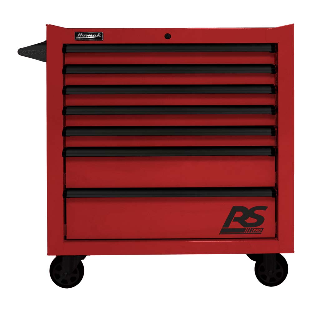 Red Homak 36 RS Pro 7-Drawer Roller Cabinet With Black Handles And Wheels