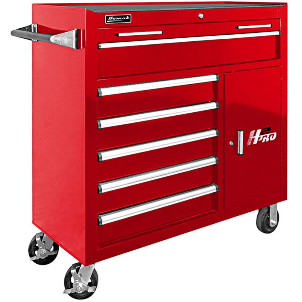 Red Homak 41 H2Pro Roller Cabinet With Multiple Drawers, A Side Compartment, And Caster Wheels
