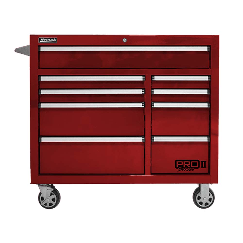 Red Homak 41 Pro II 9-Drawer Roller Cabinet Of Varying Sizes And A Top Drawer With A Lock
