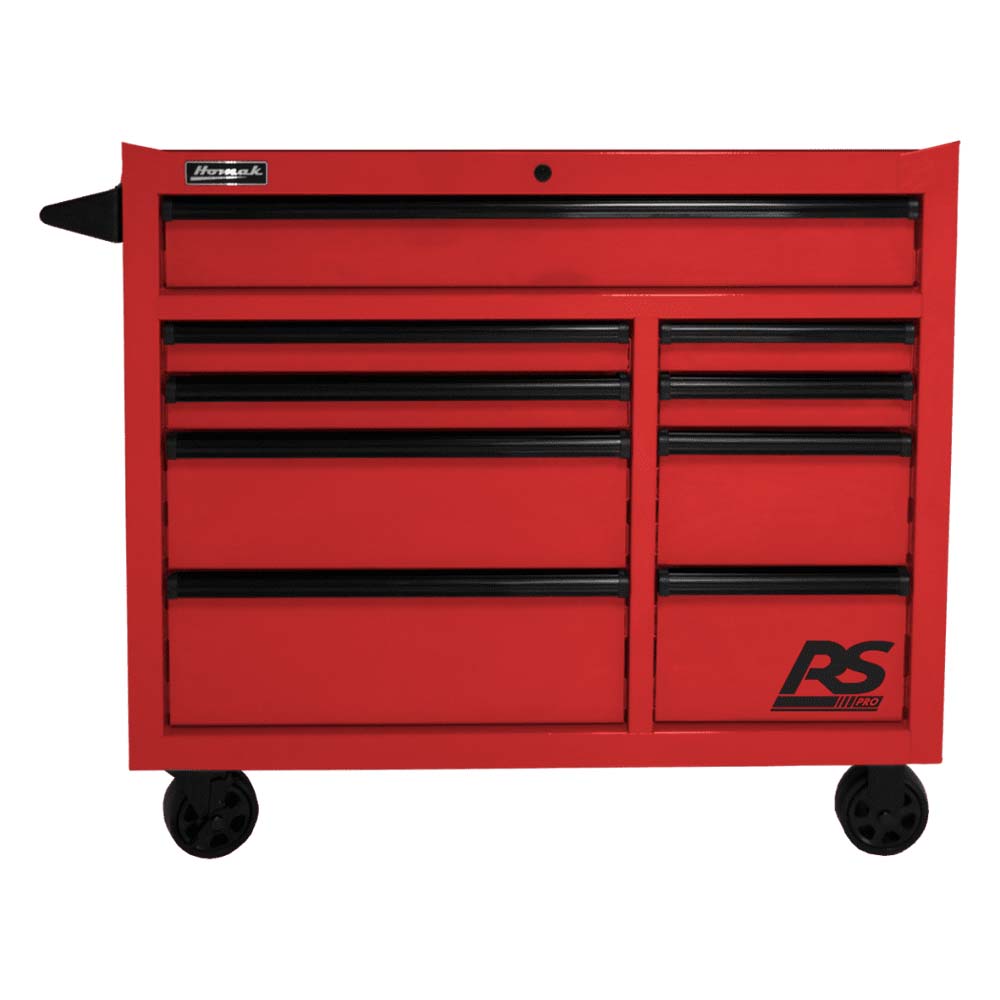 Red Homak 41 RS Pro 9-Drawer Rolling Cabinet And Black Handles, Featuring The RS Pro Logo On The Bottom Right Corner And Mounted On Wheels