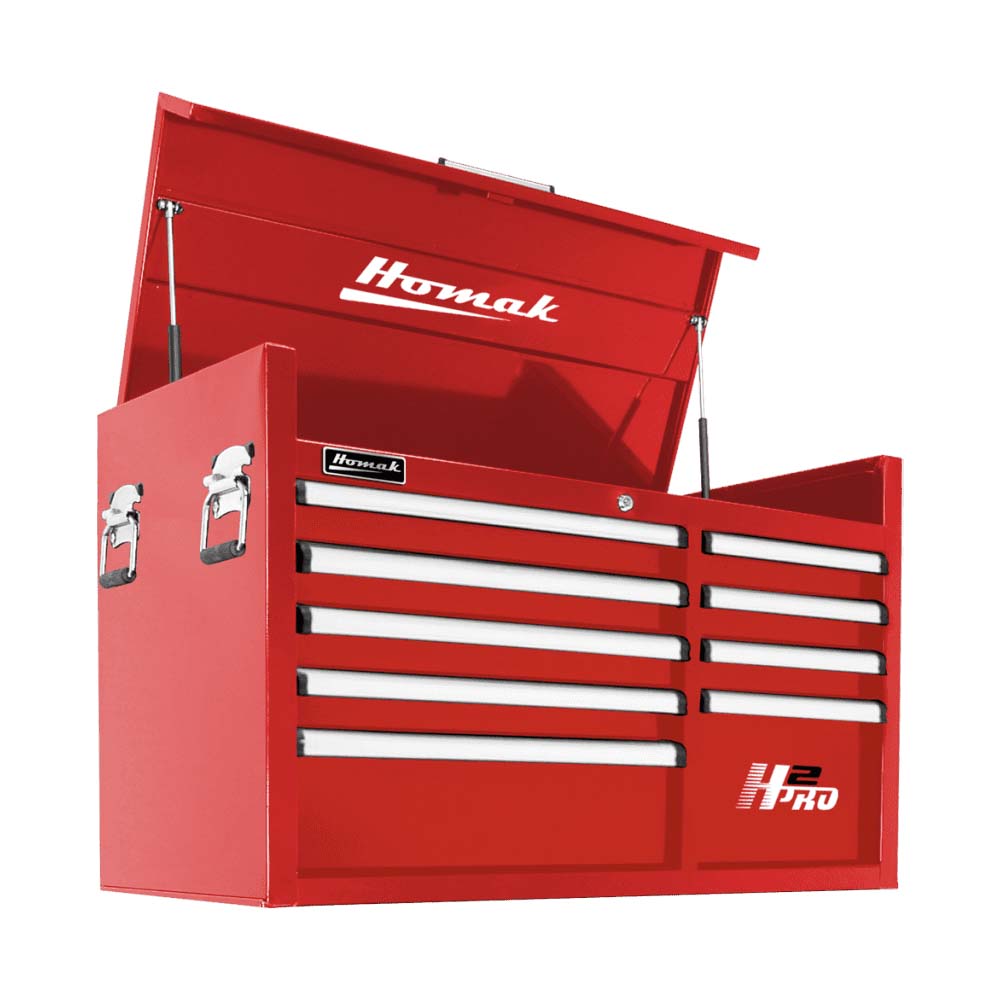 Red Homak 41 Top Chest Featuring Multiple Drawers, An Open Top Compartment, And The H2Pro Logo On One Of The Drawers